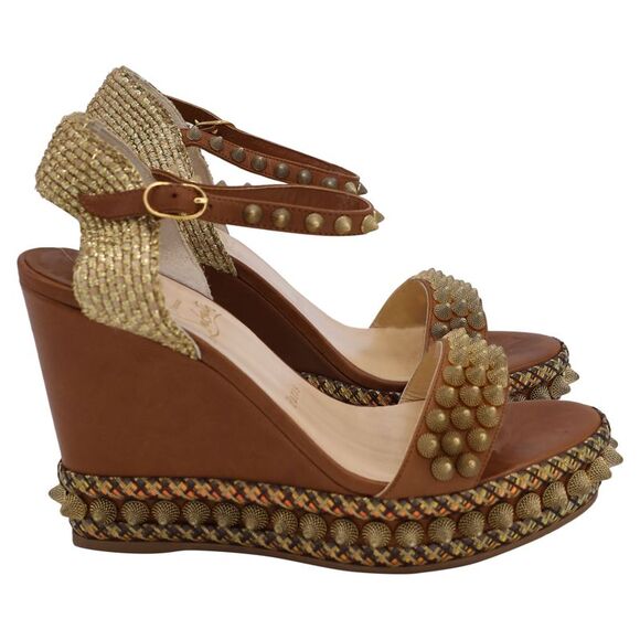 Christian Louboutin Shoes - Christian Louboutin Cordorella Spiked Wedge Shoes in Brown Leather